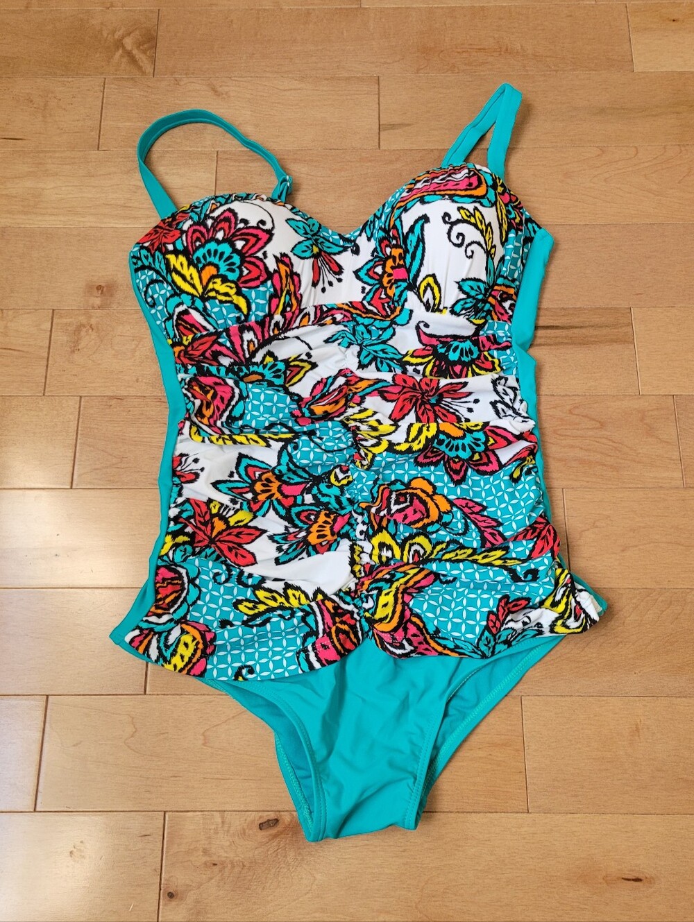 Cooclo Teal Multicolored Paisley Floral Pattern Adjustable Straps One Piece Swim